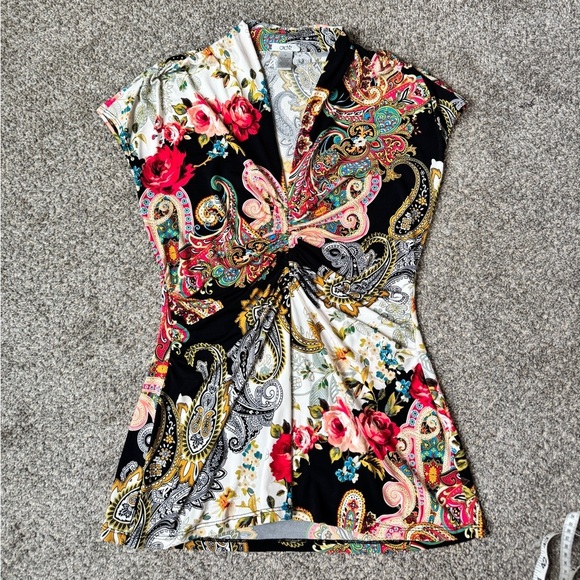 Cache Tops - Floral Paisley Twist-Front Dress in Black & White